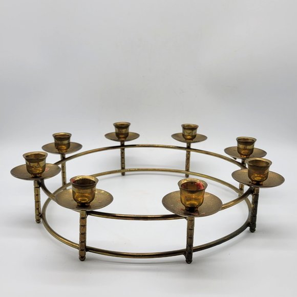 Enesco Mid-Century Brass 8 Candle Ring Centerpiece Holiday Wreath Candelabra - Picture 2 of 10